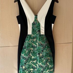 J. Mendel Black, Cream & Green Tropical Print Midi Sheath Dress